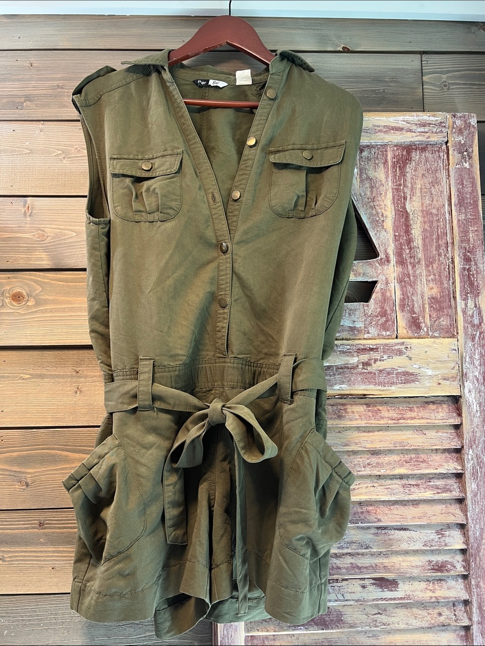 Per Se Olive Green Utility Romper with Tie Waist
